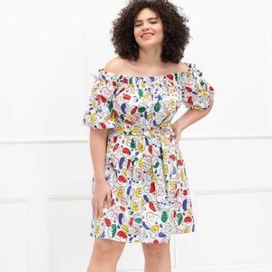 Eloquii Elements White Floral Off the Shoulder Trapeze Dress